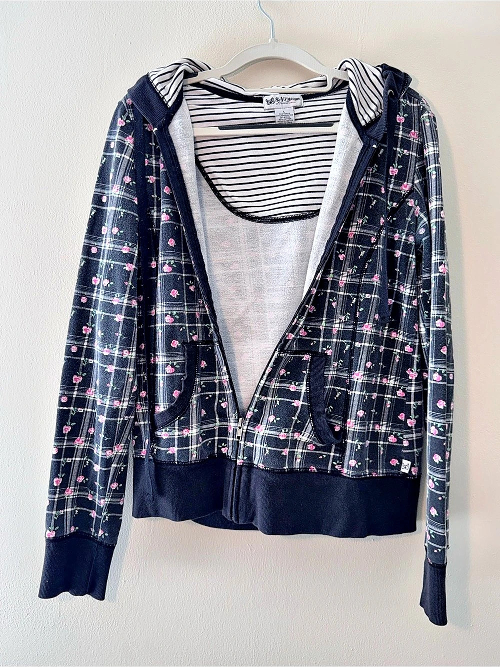 Self Esteem Floral Plaid Zip Hoodie Large Y2K style